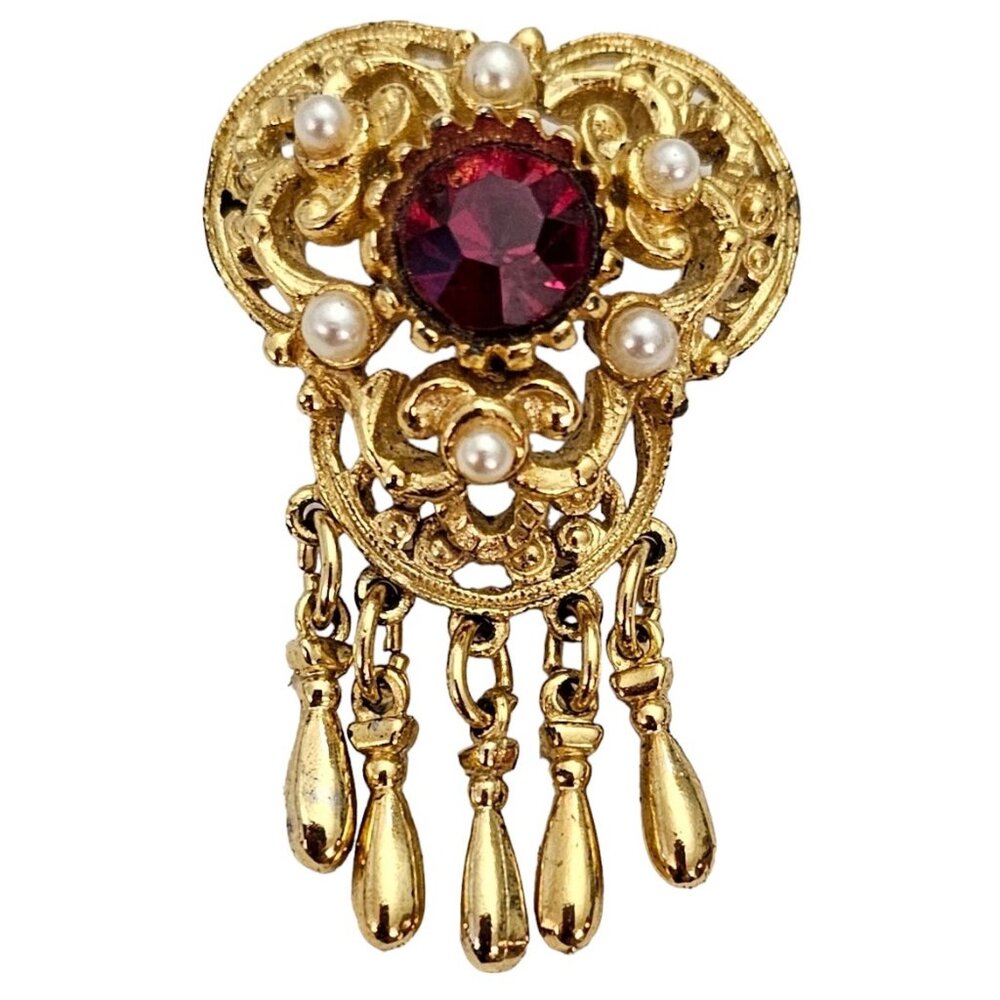 Sphinx Red Rhinestone Faux Pearl Dangle Charm Victorian Style Pin Brooch L374